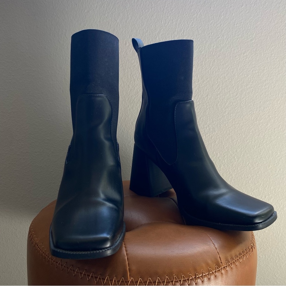 Square Toe Black Leather Booties - image 1